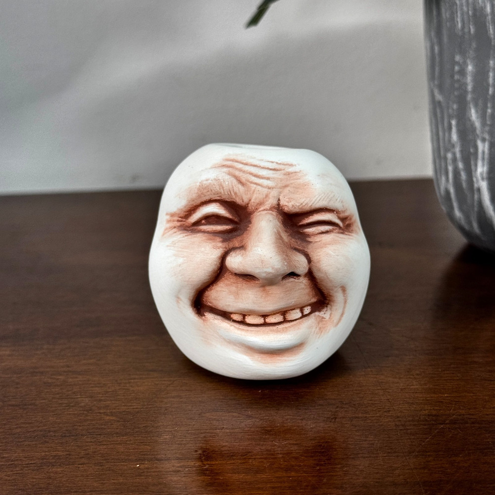 Vintage Pottery Face Head Planter Pot Open Top 2" High